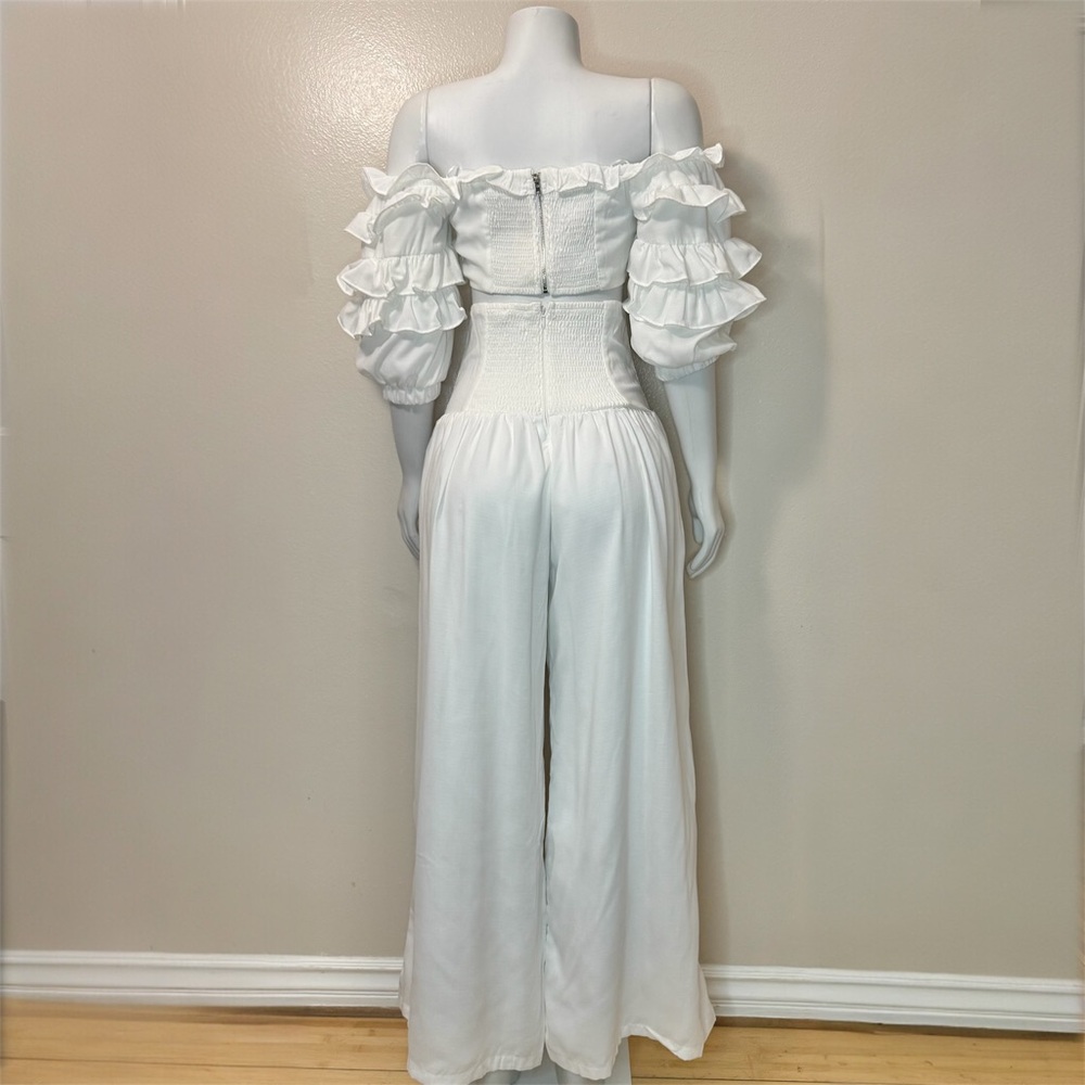 White off the shoulder ruffle crop top high waisted wide leg pants set - Picture 3 of 8